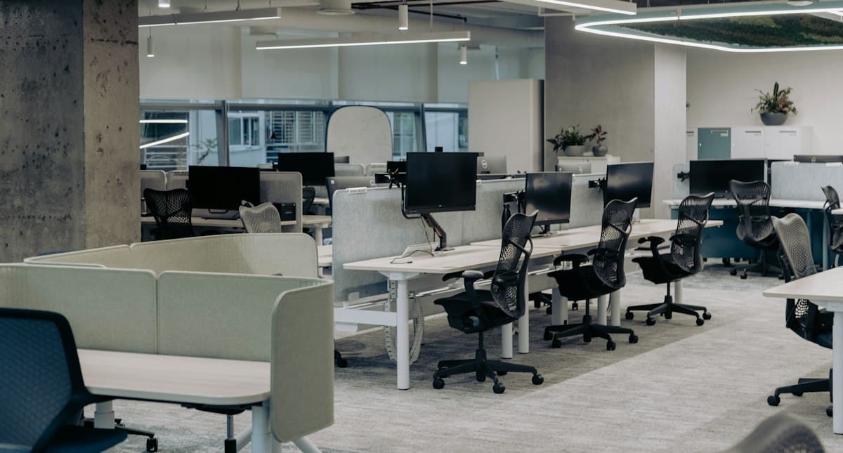 Rows of modern commercial office workstations
